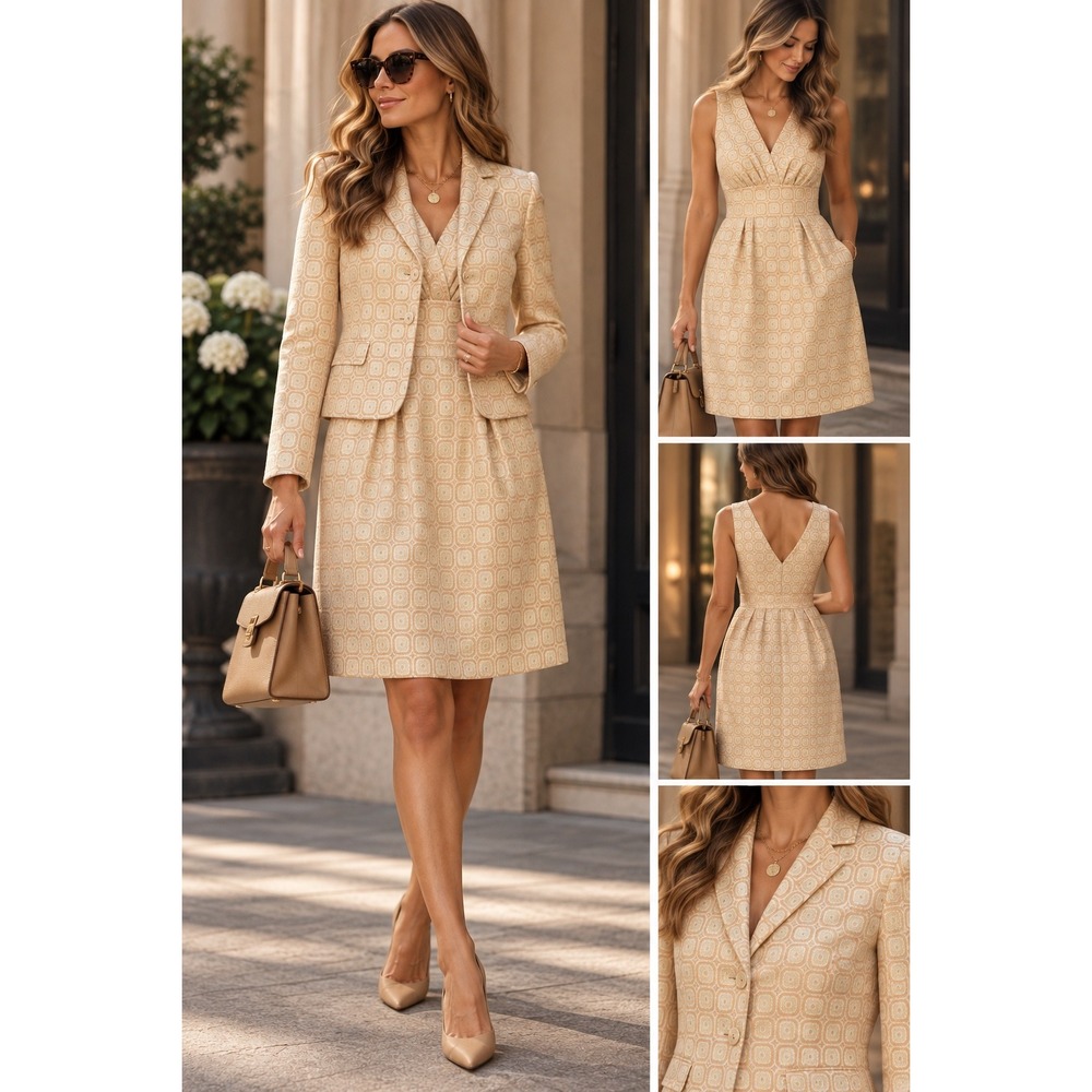 J.Crew Collection Silk Blend Gold Jacquard 2 Piece Dress Blazer Suit Set Sz 12